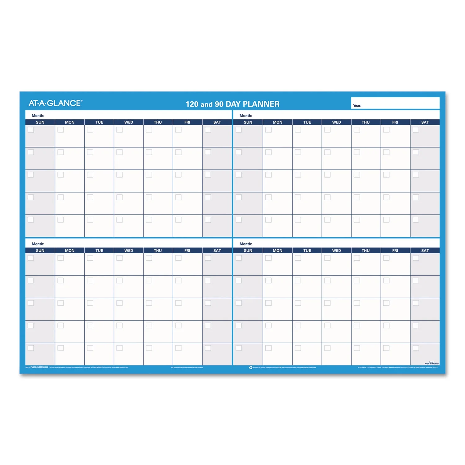 At-A-Glance, AAGPM23928, 90/120-Day Erasable Wall Planner, 1 Each, Blue
