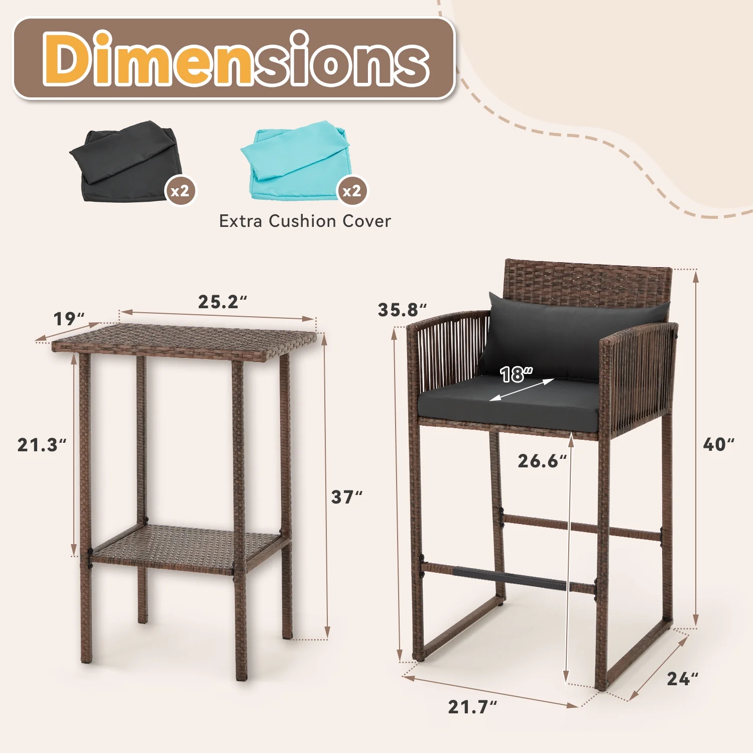 AVAWING 3PCS Patio Wicker Bistro Bar Set w/ Extra Cushion Covers, 2 People, Dark Gray/Turquoise