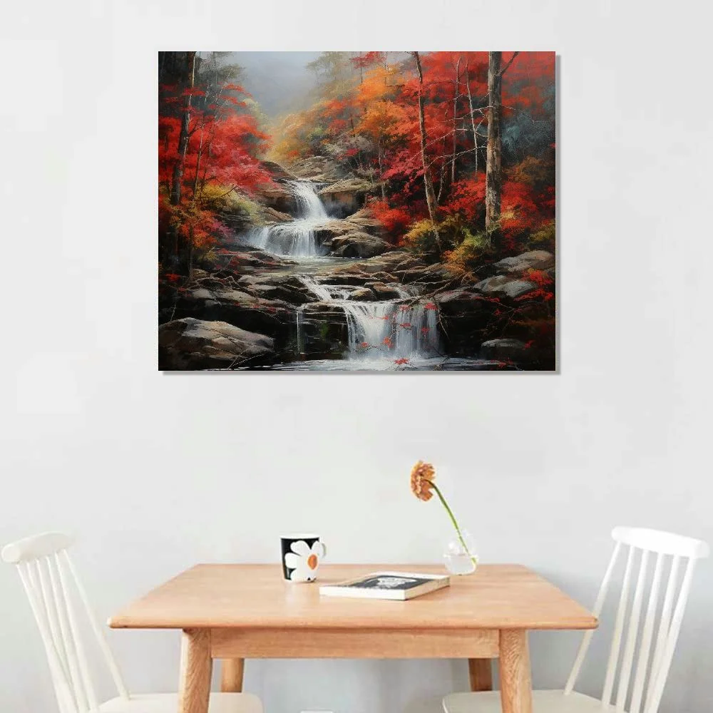 Nawypu Forest Canvas Wall Art Red and Black Bathroom Wall Decor Fall Pictures Mountain Waterfall Landscape Poster Tropical Tree Painting Nature Scenery Artwork for Living Room Bedroom Home Decorations