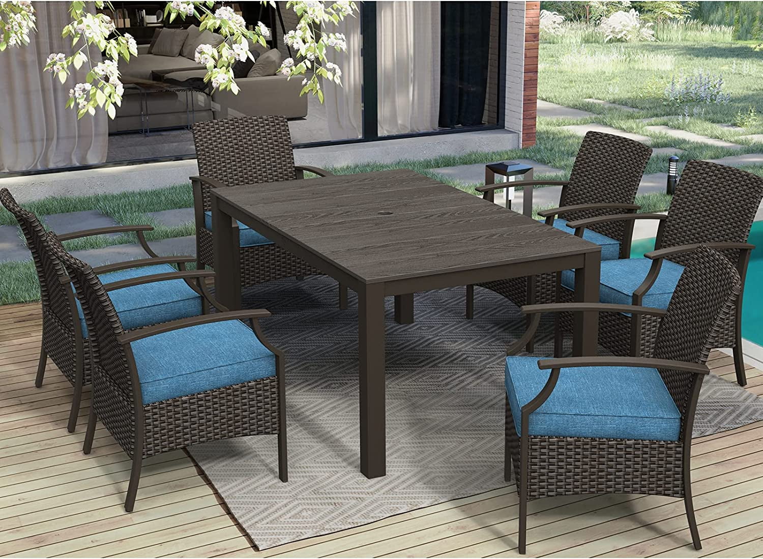 7 Pieces Outdoor Dinning Sets  Weather-Resistant Wicker Patio  for 6  Including Chairs and Rectangle Table with Umbrella Hole for Backyard  Garden  Poolside  Deck  Grey