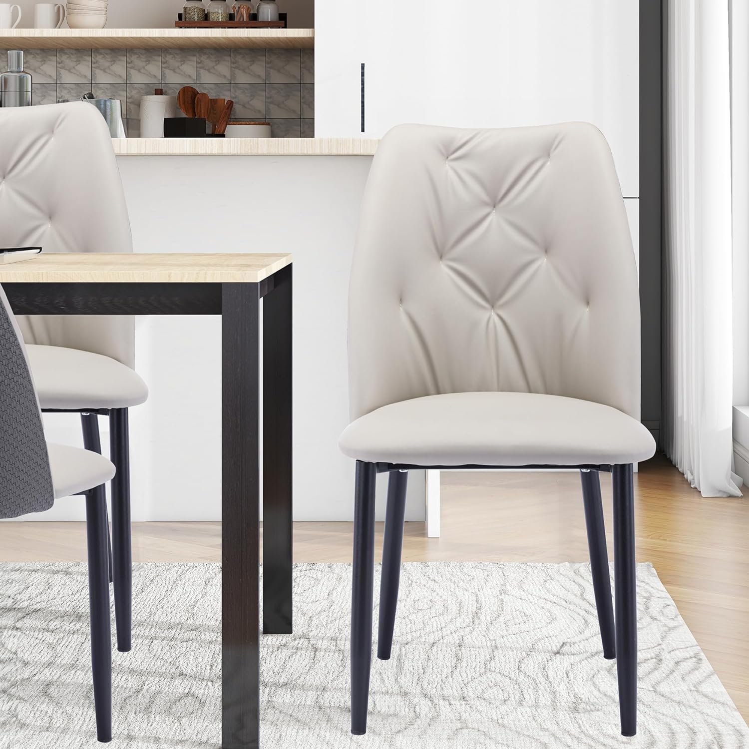 YANRUI PU Leather Dining Room Chairs Beige Modern with Iron Metal Black Plated Legs and Padded Seat for Kitchen Bar Counter, Set of 4