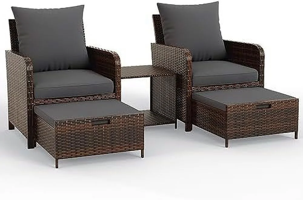 MQLIFEBOOM 5 Piece Patio  Set  Outdoor Patio Conversation Rattan Chair with Ottomans w/ Coffee Table for Patio  Space Saving Design for Balcony Poolside Front Porch Deck  Navy