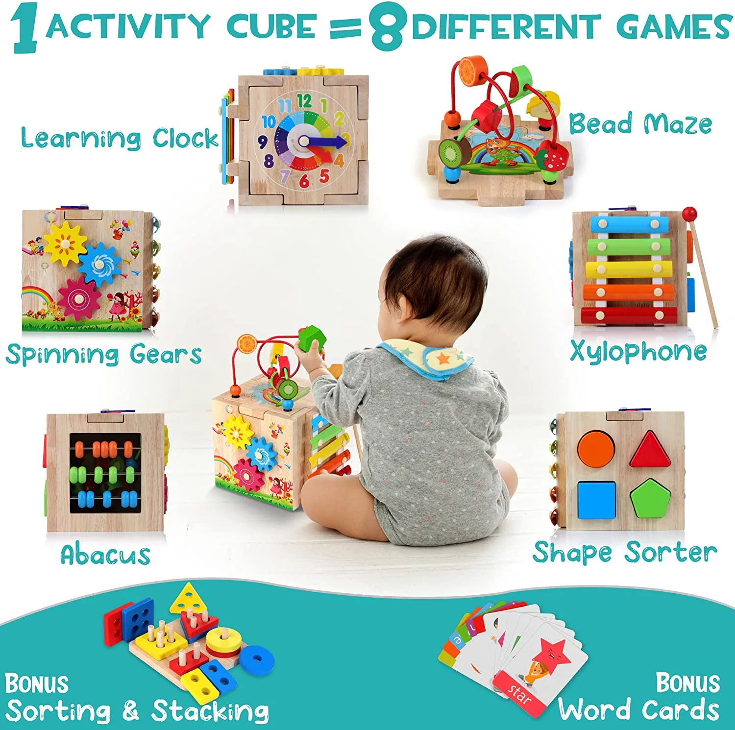 Terra Wooden Kids Baby Activity Cube, 8-in-1 Toys Gift Set for 12M+ Boys & Girls, Bonus Sorting & Stacking Board, Montessori Learning Toys for Toddlers Age 1-3,1st Birthday Gift
