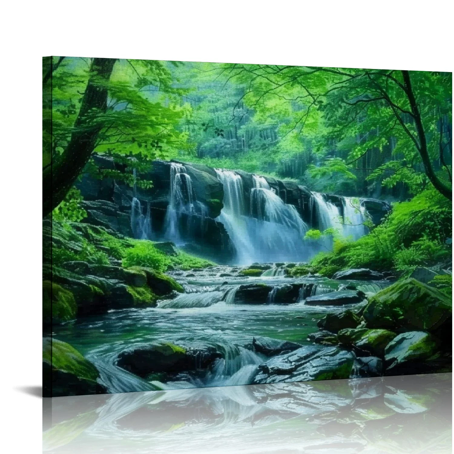 PIKWEEK Green Forest Canvas Wall Art Waterfall Pictures Wall Decor Green Nature Landscape Canvas Painting Calming Nature Scene Canvas Print Artwork for Living Room Office Home Wall Decoration