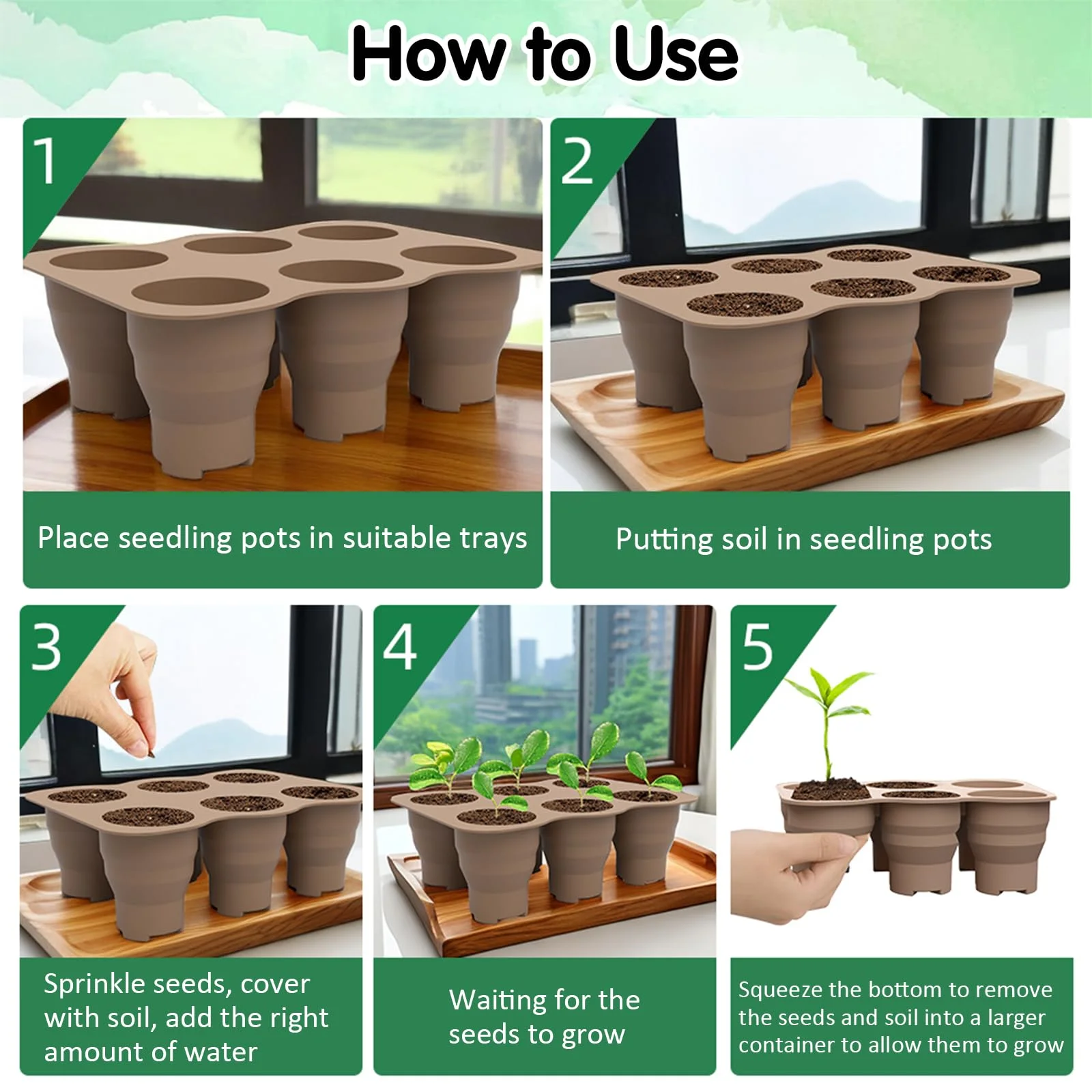TRANSCOSMOS 1 Pack Silicone Seed Starter Tray 6 Large Cells Reusable Microgreens Growing Trays Bonsai Plant Starter Kit Flexible Seedling Germination Cup for Indoor Plant Propagation (Brown)