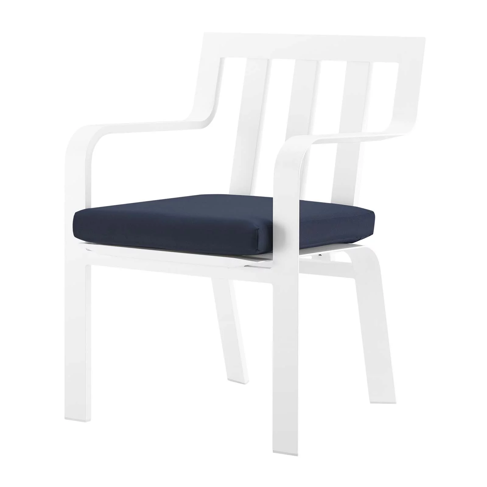 Contemporary Modern Urban Designer Outdoor Patio Balcony Garden Furniture Side Dining Armchair Chair, Fabric Aluminum, Navy Blue White