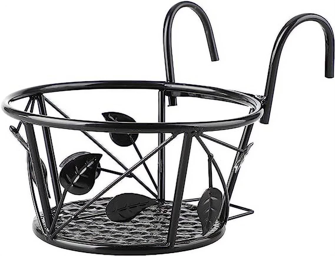 Zhuge 2 Pack Hanging Railing Flower Pot Basket Holder, Iron Art Planter Stand Potted Rack, Over The Rail Metal Fence Pot Container for Patio Garden Balcony Corner Porch Deck Indoor Outdoor Decor