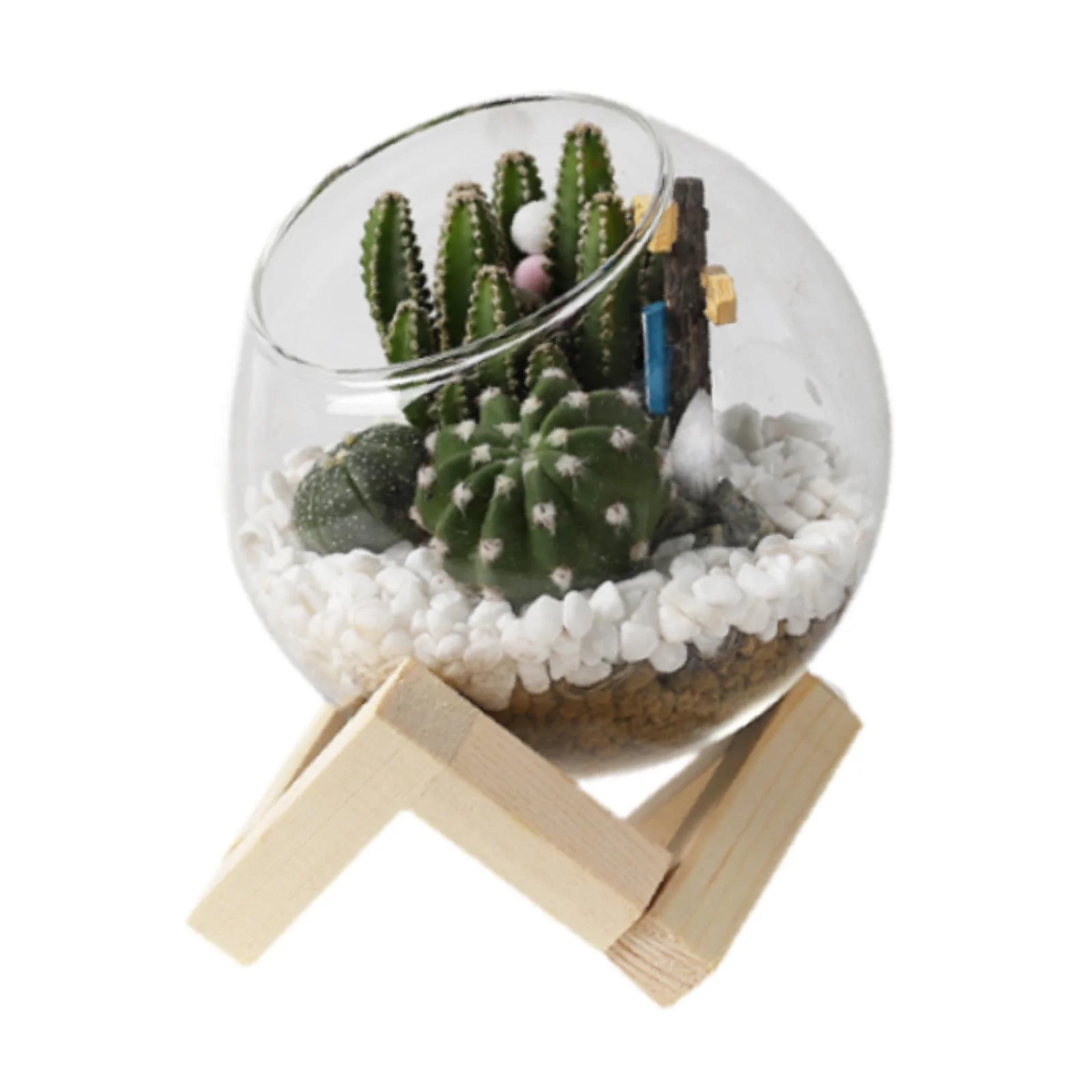 Miulika Glass Flower Pot Plant Container Creative with Wooden Holder Pot Bonsai Pot for Courtyard Balcony Outdoor Indoor 10cm