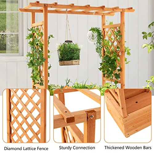 S AFSTAR Raised Garden Bed with Arch Trellis, Wood Planter Box with Hanging Roof, Side Trellis, 4 Drainage Holes, Above Ground Elevated Garden Bed for Outdoor Climbing Plants Vines Patio