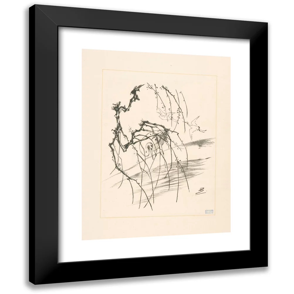 Félix Bracquemond 12x14 Black Modern Framed Museum Art Print Titled - Cranes Behind a Tree Branch. (1866 - 1878)