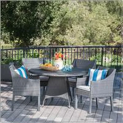 Leo Outdoor 5 Piece Wicker Round Dining Set with Cushions, Grey, Silver