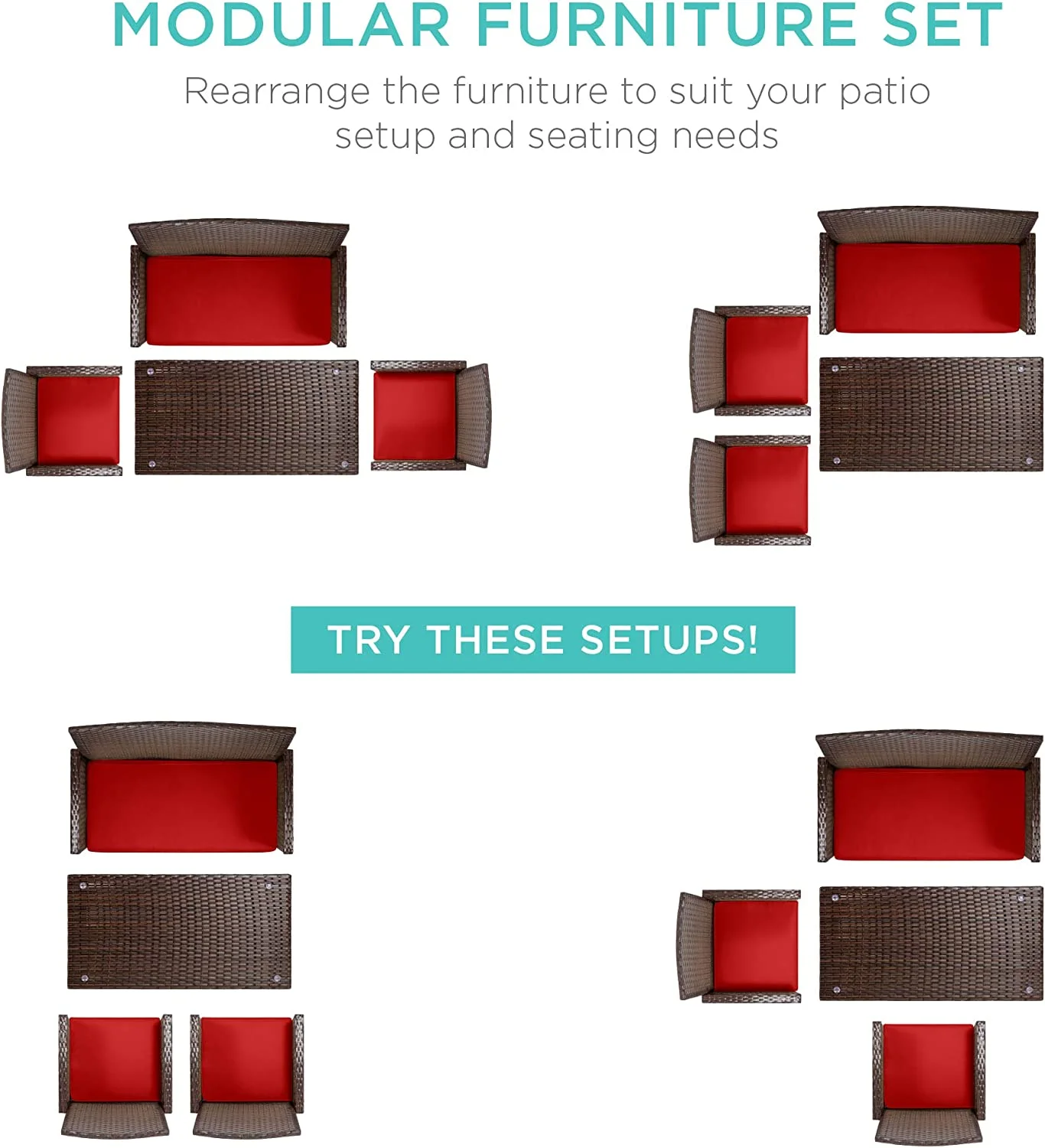 4-Piece Outdoor Wicker Patio Conversation Furniture Set for Backyard, Deck, Poolside w/Coffee Table, Seat Cushions - Brown Wicker/Red Cushions