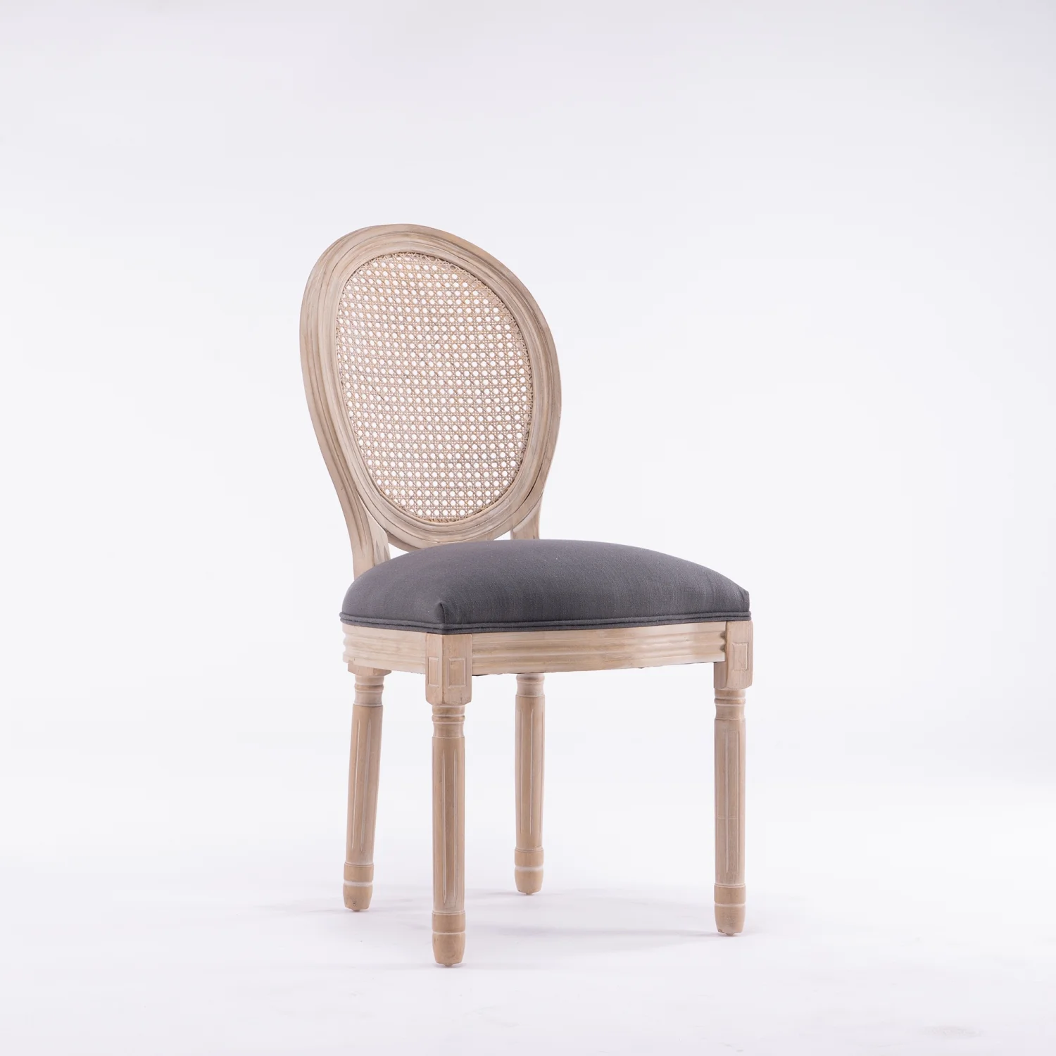 Set of 2 Elegant French Style Gray Linen Fabric Dining Chairs with Solid Wood Frame and Rattan Back