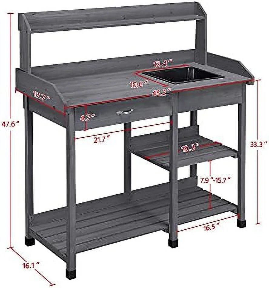 HBLUKDL 45.2x17.7x47.6'' (LxWxH) Potting  Outdoor Garden Potting Table Work Bench with Removable Sink Drawer Rack Shelves Work Station  Wood
