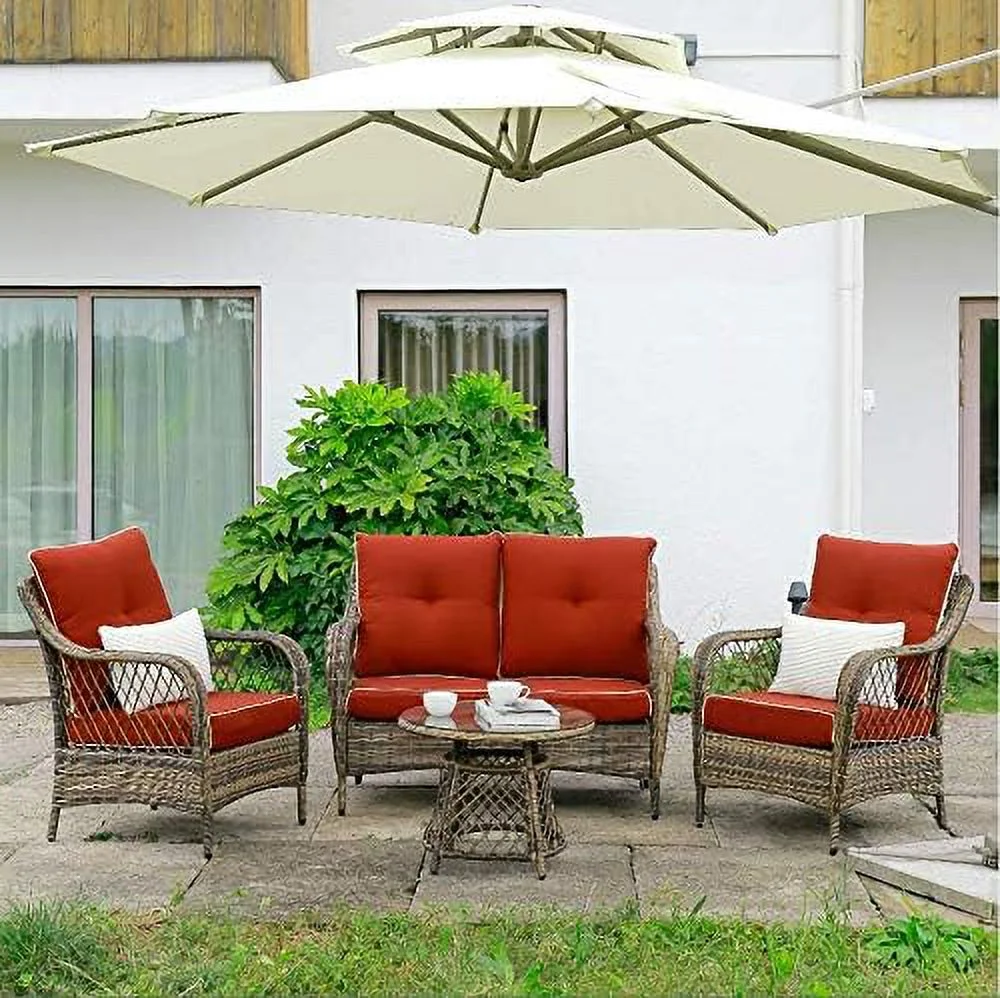 N&V Outdoor Chairs Set Bistro Set 3 Pieces Patio Conversation Set Furniture Set for Balcony Rattan Chairs and Table with Cushions Beige Red Green (Beige)