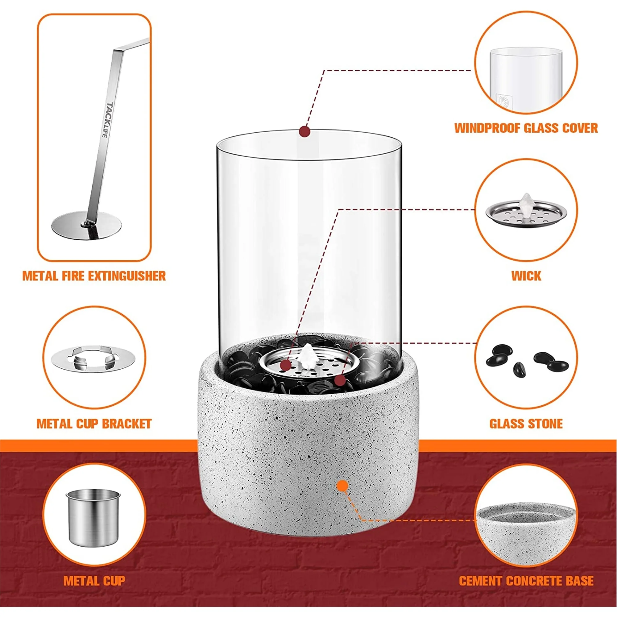 Tabletop Fire Pit, Tabletop Fireplace with Glass Stone, Concrete Material and Windproof Glass Cover,