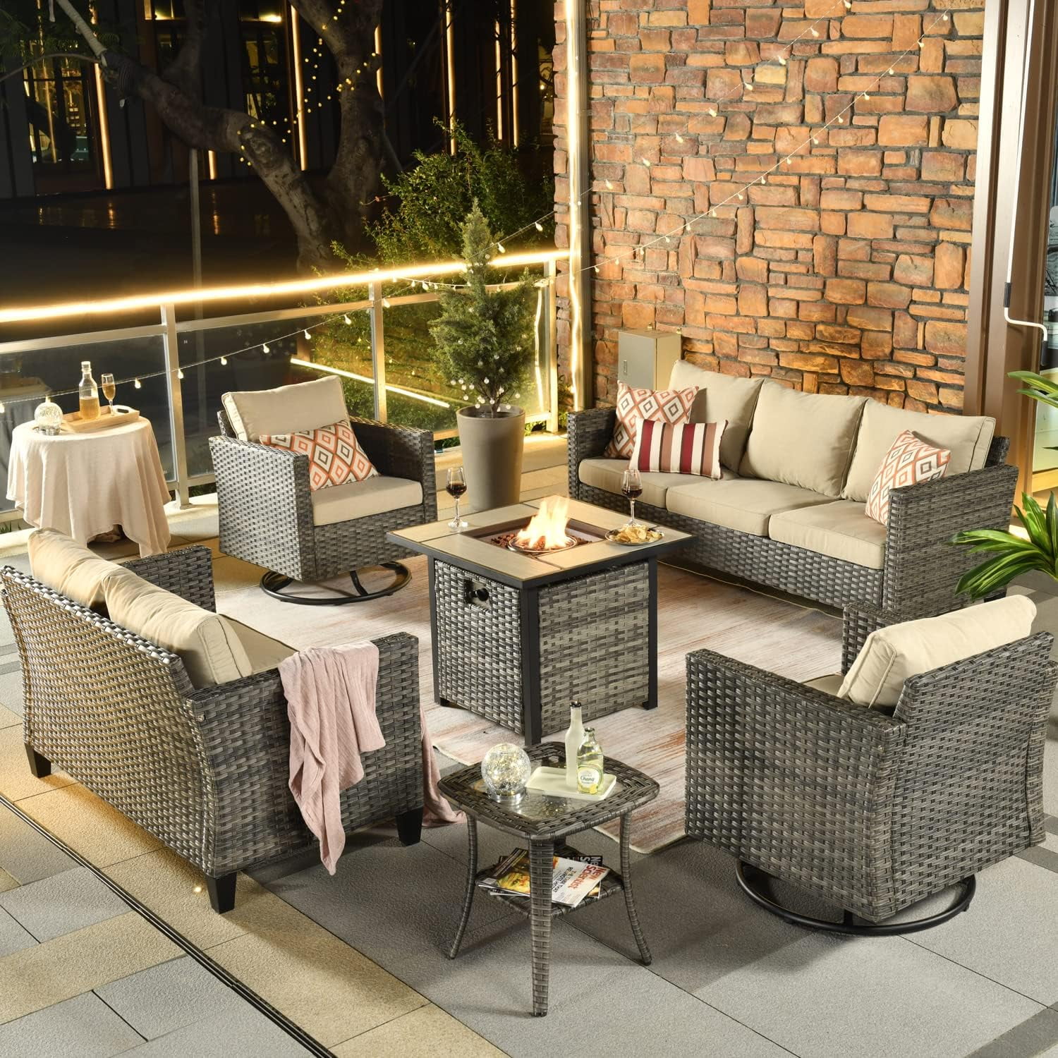 HOOOWOOO Patio Outdoor Conversation Set with Fire Pit Table 6 Pieces Outside  Sofa Set with PE Wicker Swivel Rocking Chairs Gas Fire Pit Table and Coffee  Denim Blue