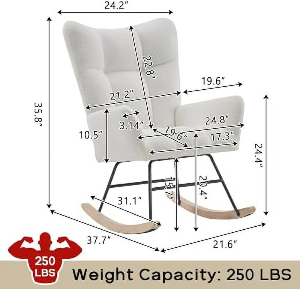 AEFRGHS Modern Nursery Rocking Chair  Upholstered Glider Chair with High Backrest  Rocker Accent Armchair with Solid Wood Legs for Nursery Bedroom Living Room (Light Blue Teddy)