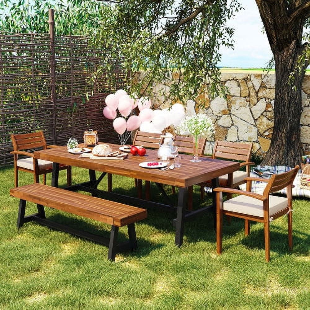 Outdoor Wood Dining Set For 7-8 Person, Outdoor Dining Furniture With Removable Cushions, Ergonomic Chairs And Bench, Thicker Table, Nature