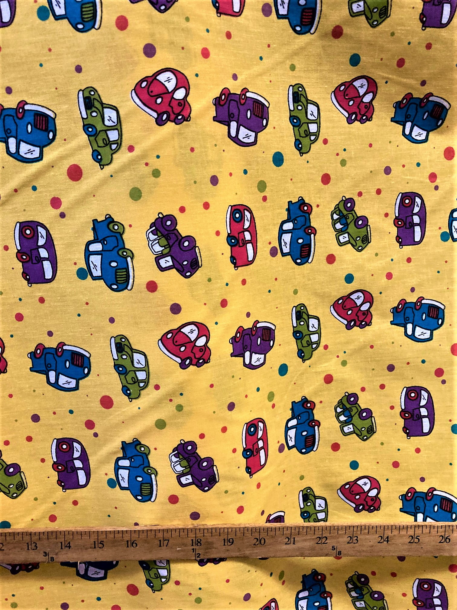 Lillycraft Mini-cars and buses on Yellow Polycotton Fabric is 58”/60” Wide and Sold by the Yard