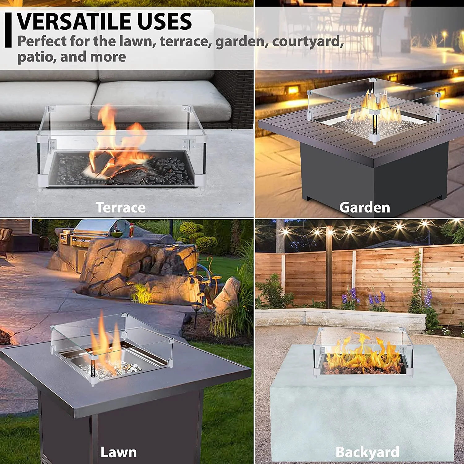 Square Glass Fire Pit Wind Screen, Silver Hardware, 6 in x 19 in Assembled Product Length, Lafuria