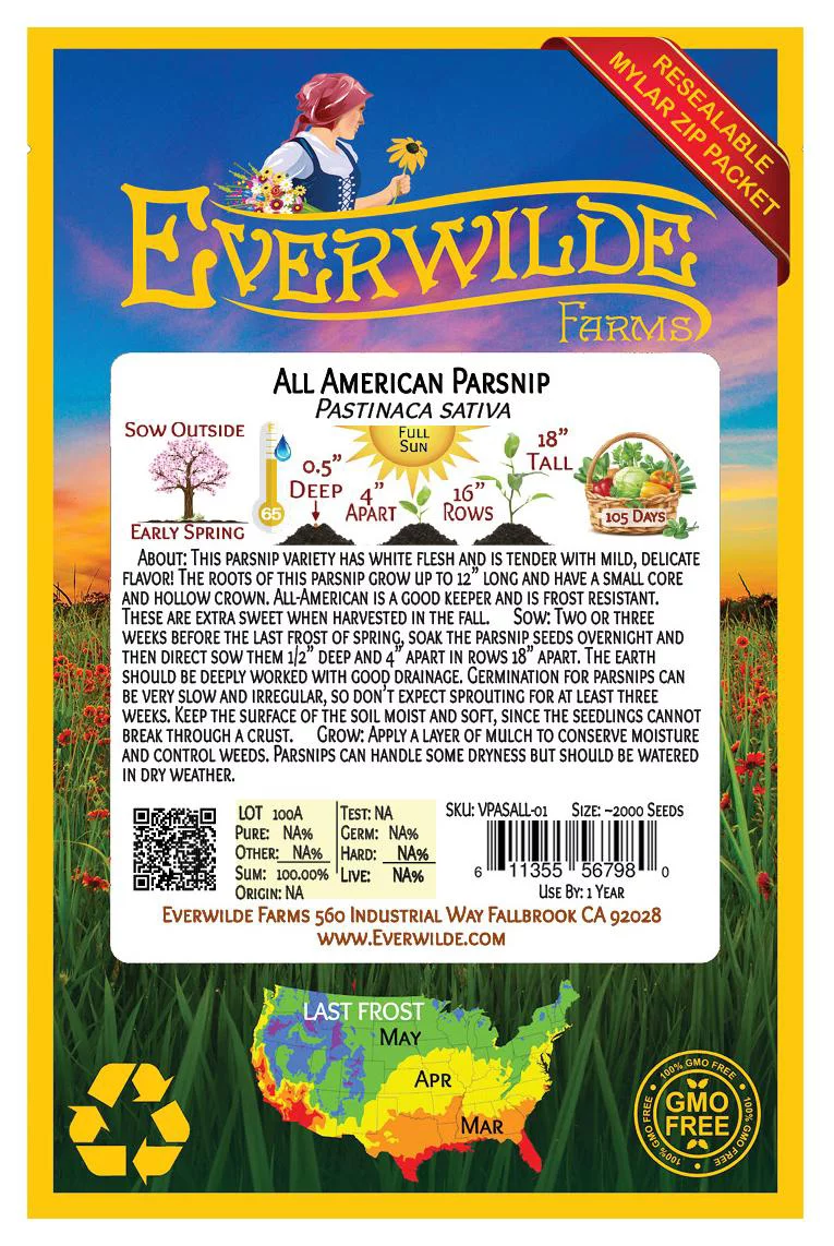 Everwilde Farms - 2000 All American Parsnip Seeds - Gold Vault Jumbo Bulk Seed Packet