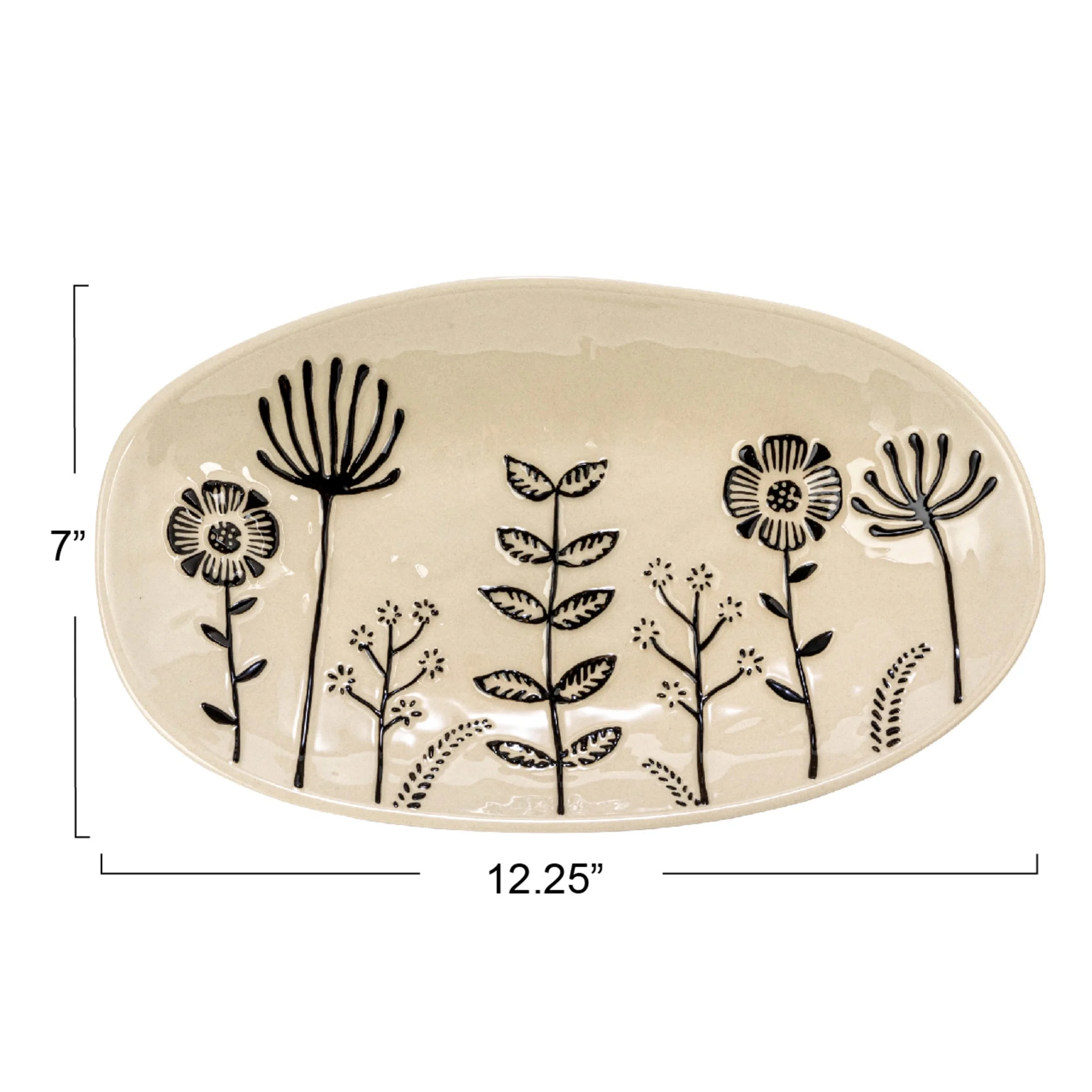 Creative Co-Op 12.25 Inches Stoneware Floral Plate, Cream and Black, Set of 4