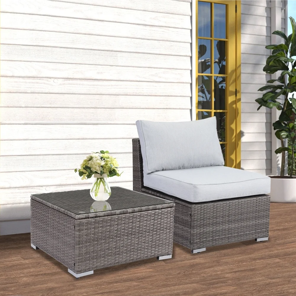 ZJbiubiuHome 2 Piece Light Grey Sofa Small Armless Single Rattan Sofa Couch Set With Small Couch
