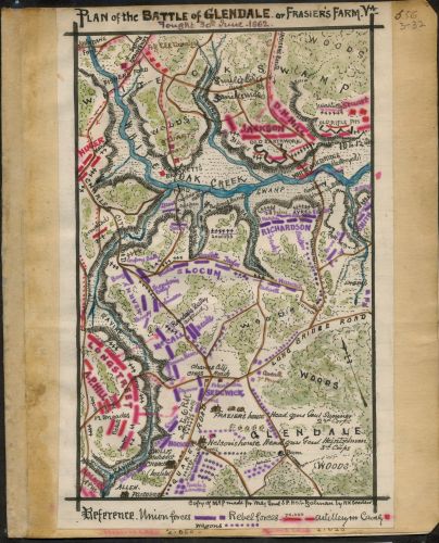 Plan of the Battle of Glendale or Frasier's Farm Va. Fought 30th June 1862. Description Shows the area of Henrico County, Va., from White Oak Swamp to the north to Glendale to the south. This was the