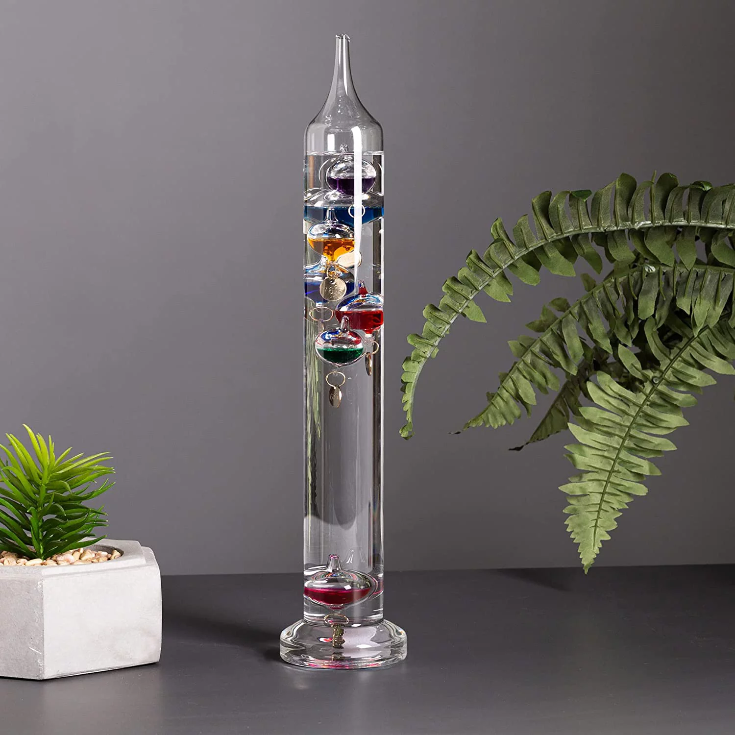 Palais Essentials Galileo Thermometer - Floating Glass Balls Fahrenheit Temperature Indicator - Fun and Decorative (17.5 Inches High, 10 Multi Colored Spheres)