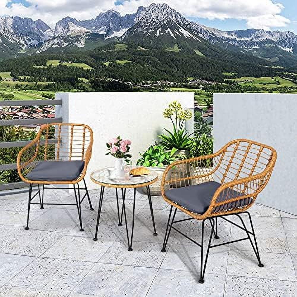 TQNJYGX 3 Pieces Rattan  with Steel Frame Round Coffee Table  Soft Cushions  Rattan Bistro  Set