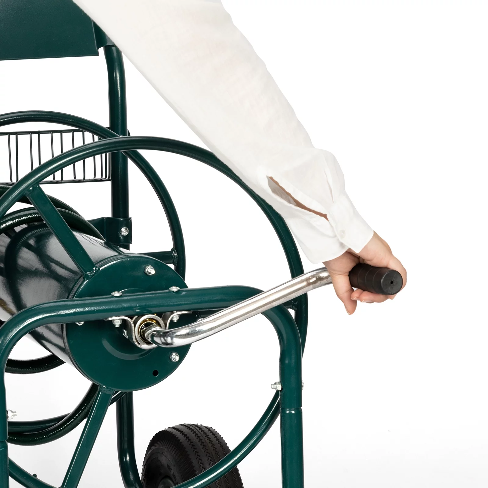 Yard Garden Water Hose Reel Cart Iron Four-Wheel Pipe Truck Dark, Green