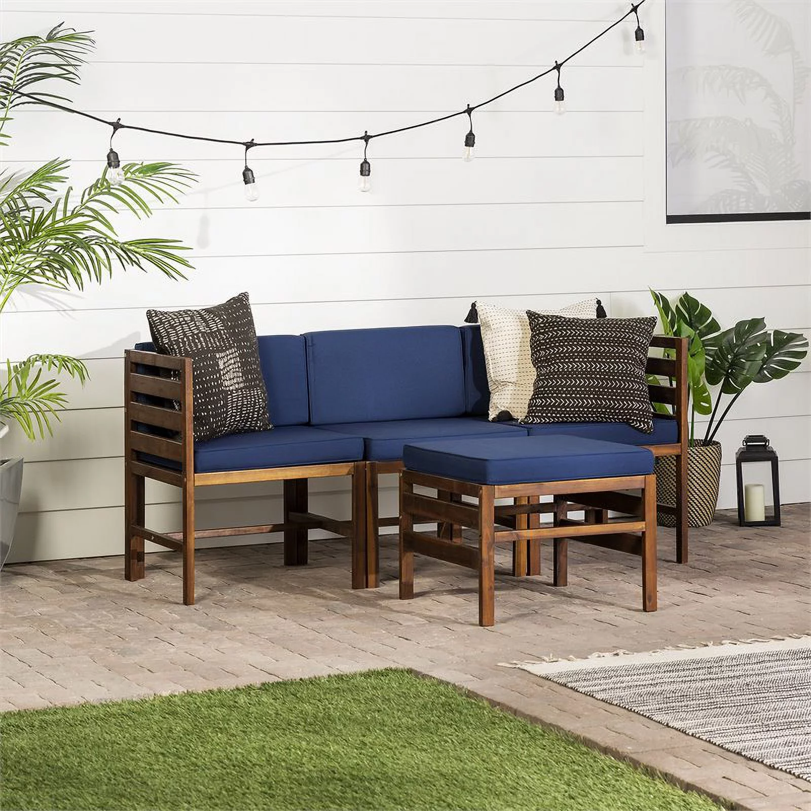 Sanibel 4 Piece Modular Acacia Set with Ottoman in Dark Brown/Navy Blue