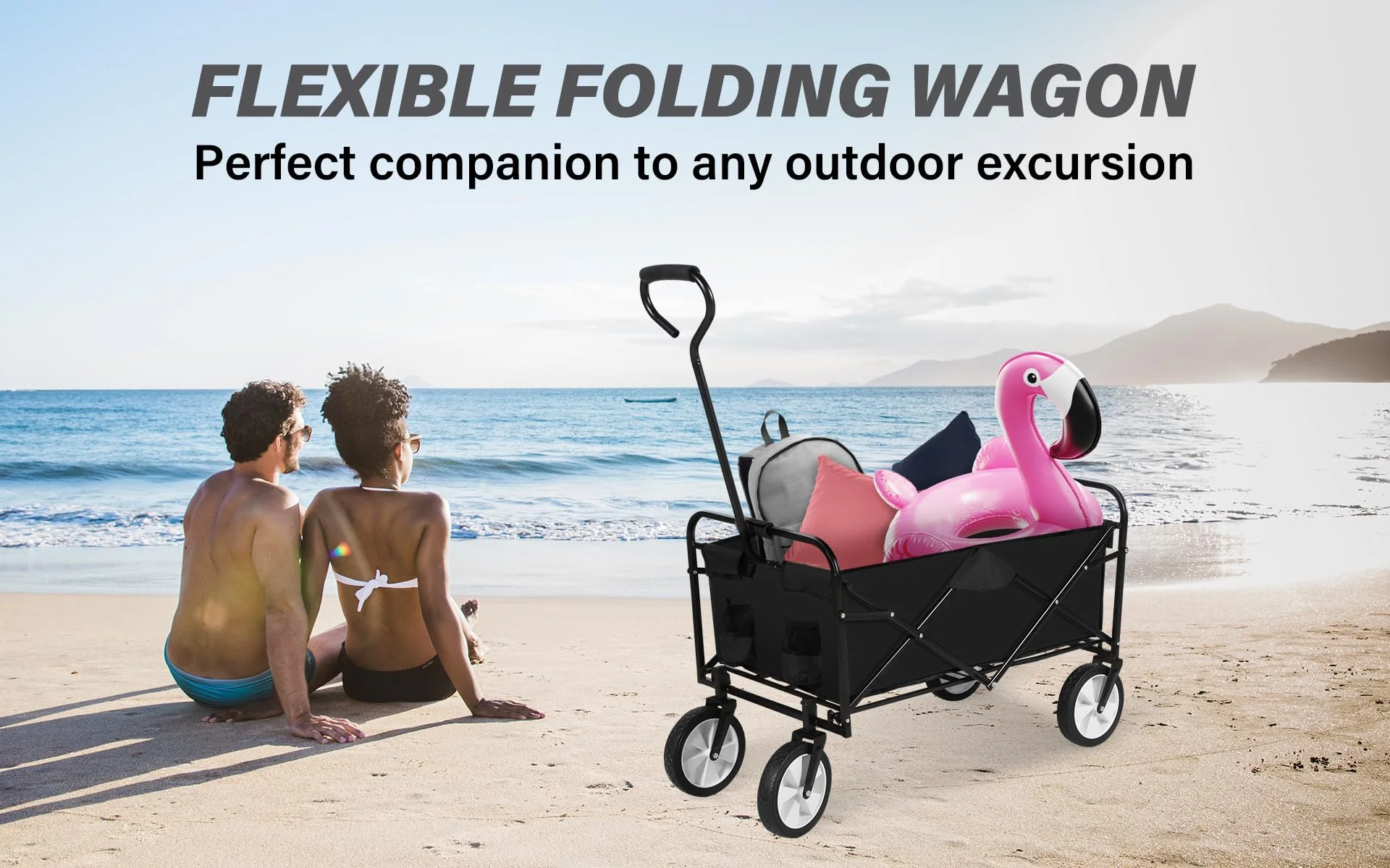 Folding Garden Cart PRO, Collapsible Handy Wagon with 360 Degree Swivel Wheels & Adjustable Handle,220lbs Weight Capacity,Black