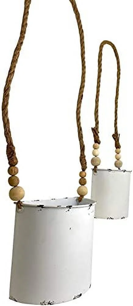 Hanging Planters Half Bucket Metal Rustic White W Wooden Beads Vertical Indoor Outdoor 29