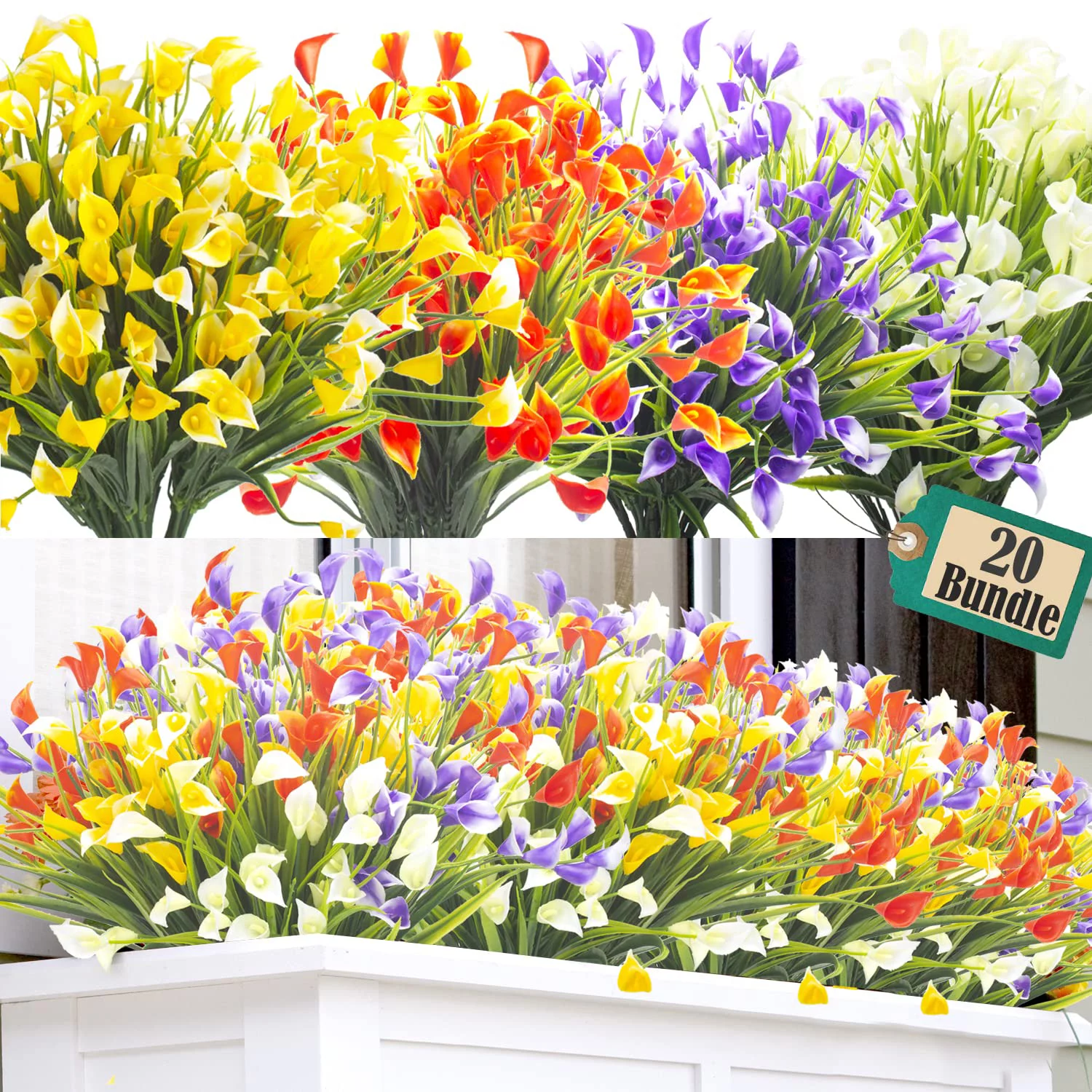 20 Bundles Artificial Calla Lily Fake Flowers,UV Resistant Faux Plastic Plants for Farmhouse,Home,Garden,Office,Patio,Wedding and Indoor Outdoor Decoration (Mix)