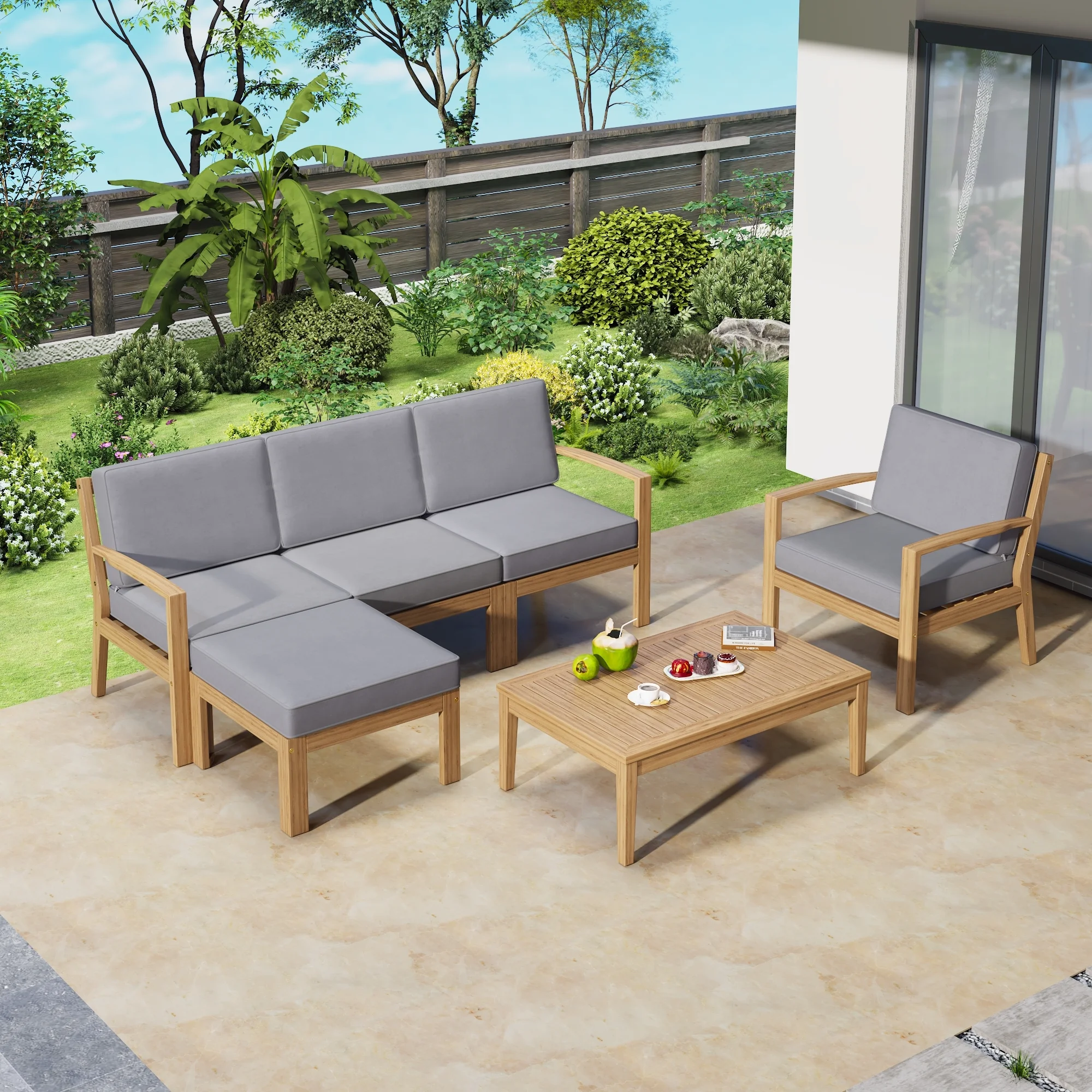 EUROCO 6-Piece Acacia Wood Frame Patio Sectional Sofa Set, Outdoor Conversation Furniture Set with Coffee Table and Removable Cushion for Garden Backyard Patio and Poolside, Grey
