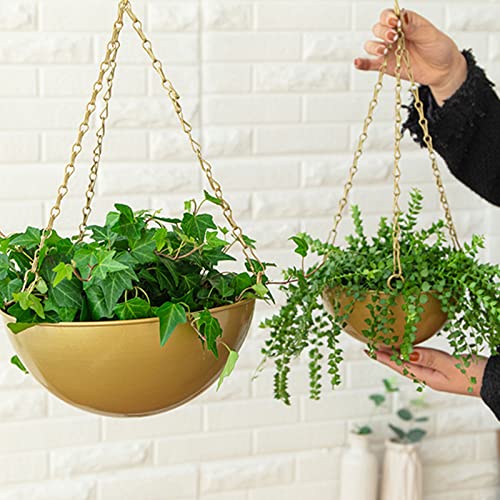 Gold Hanging Baskets for Plants, 10x4.7 Inch Metal Hanging Flower Pot Garden Plant Pot Containers Hanging Plant Basket Flower Holder Hanging Planters for Outdoor Indoor Plants