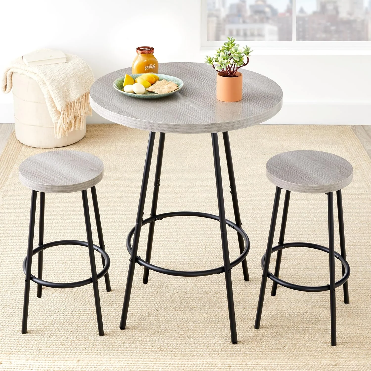 Bistro Dining Set 3 Piece, Modern Round Counter Height Pub Table, Compact High Top with Bar Stools Pub Dining Set for Kitchen, Breakfast Room - Light Gray
