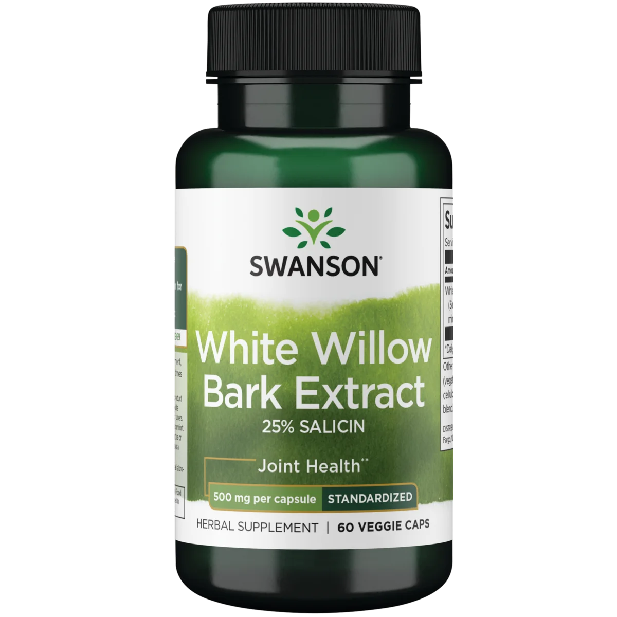 Swanson Maximum Strength White Willow Bark Extract - Promotes Joint Support and Muscle Relief - Standardized to 25% Salicin - Natural Supplement with No Stomach Irritation - 60 Veggie Caps, 500mg Each