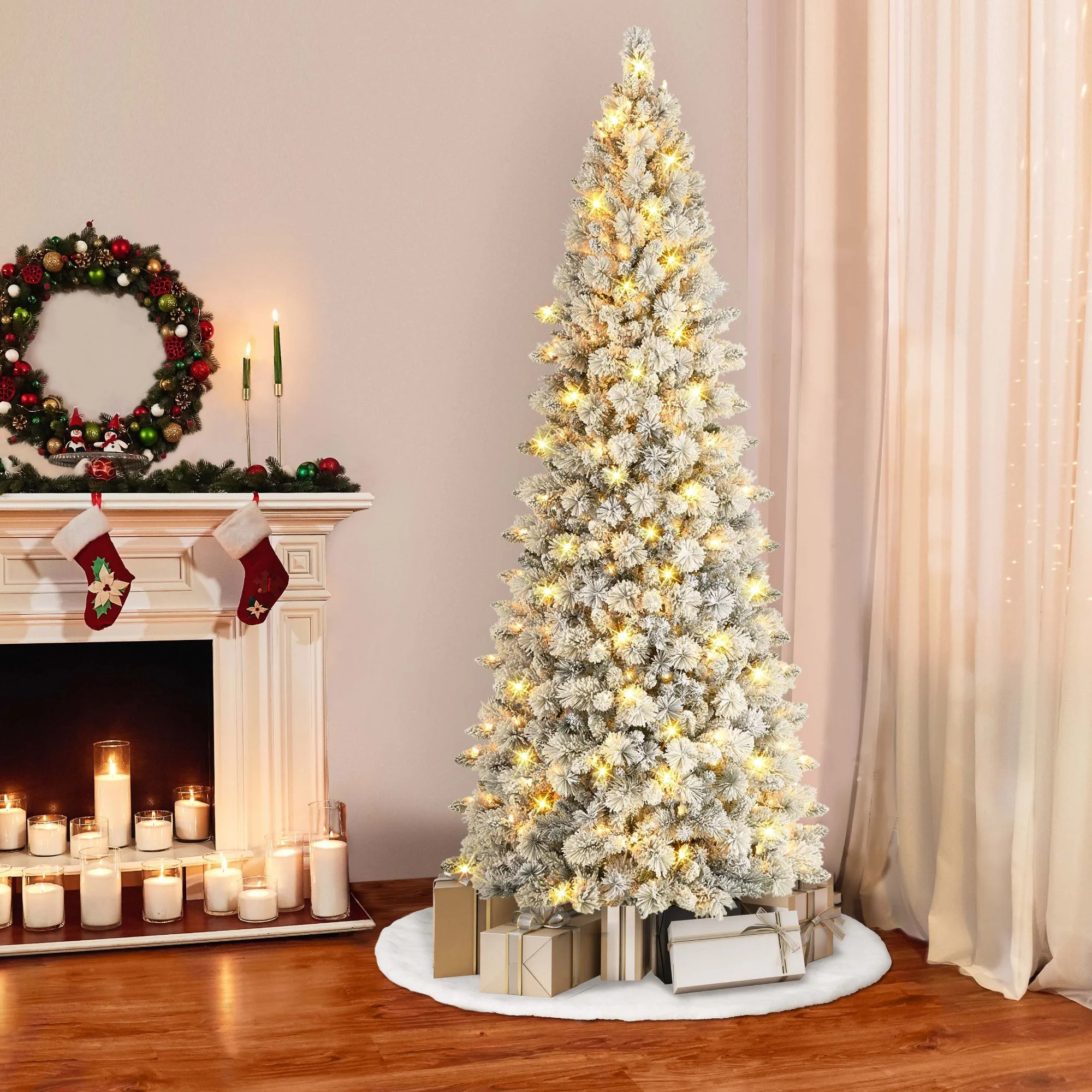 CC Christmas Decor 9' Pre-Lit Flocked Alberta Spruce Artificial Christmas Tree, Warm White LED
