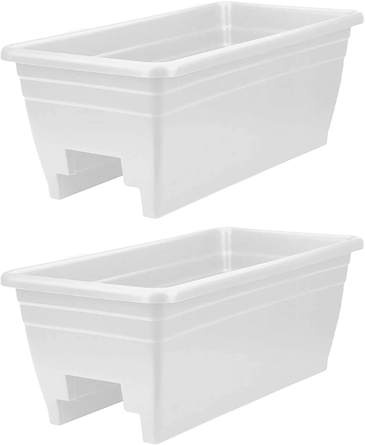 24 Inch Wide Heavy Duty Plastic Deck Rail Mounted Garden Flower Planter Boxes with Removable Drainage Plugs, White (2 Pack)