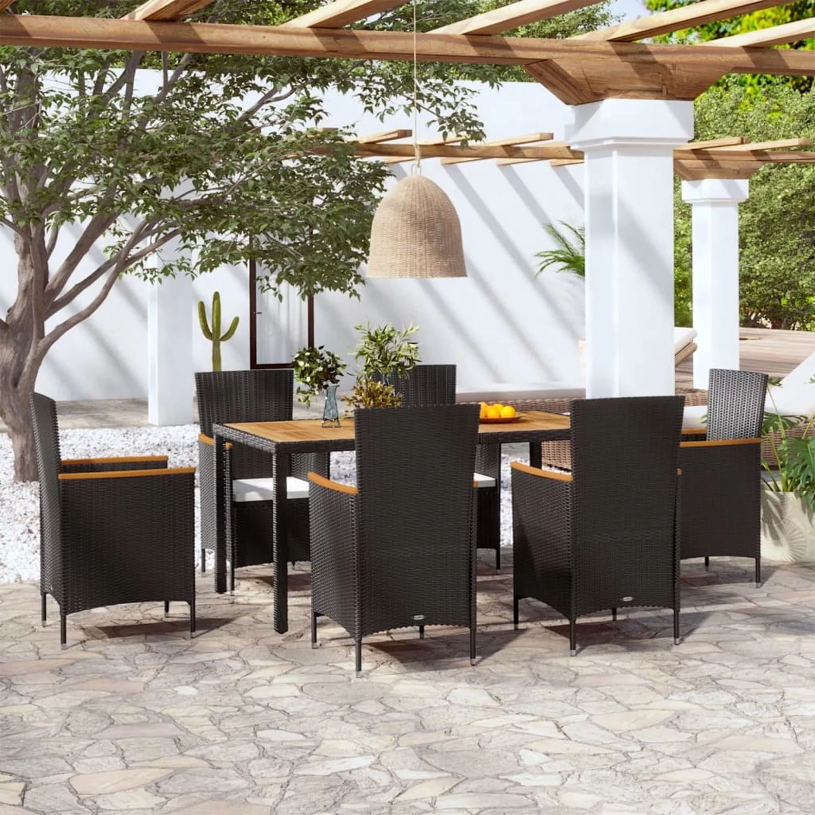 walmeck 7 Piece Patio Dining Set with Cushions Poly Rattan