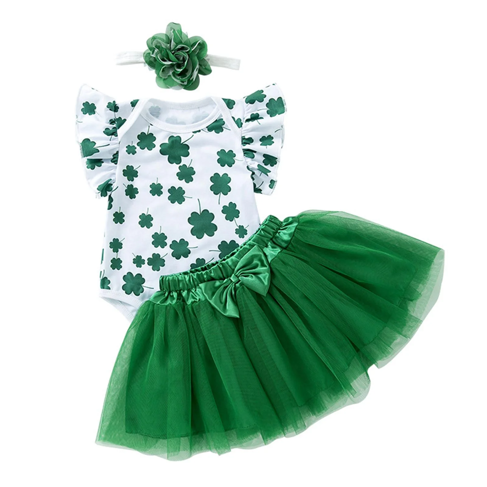 Autumn Tennis Skirt Festivai Clothes Baby Girl'S Party Dress Set Baby Flying Sleeve Dress Green Skirt Hair Accessories 3 Sets Denim Mini Skirt