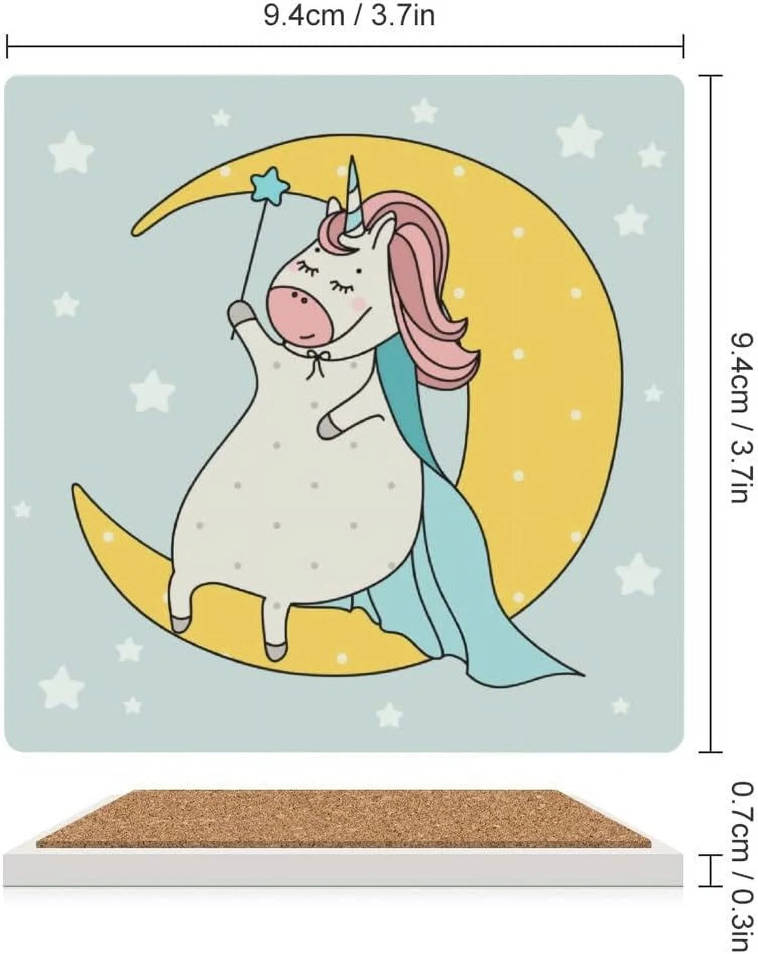 Hidove Square Drink Coasters 1 Pcs Cute Wizard Unicorn Sitting on The Moon Absorbent Ceramic Coffee Coasters for Drinks with Cork Base Housewarming Gift for Home Decor