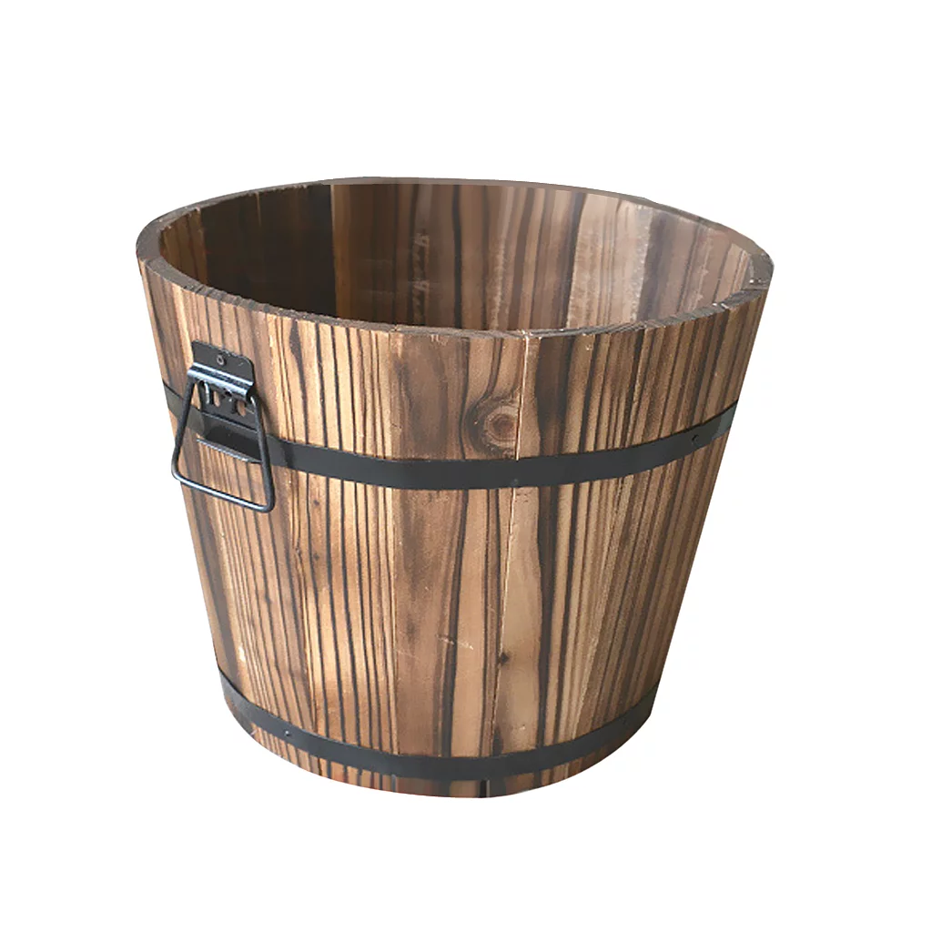 Wooden Bucket Pot Flower Planter Barrel patio and garden Outdoor Home Decor #1 M Round Top_M