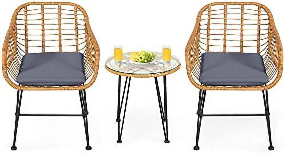 TQNJYGX 3 Pieces Rattan  with Steel Frame Round Coffee Table  Soft Cushions  Rattan Bistro  Set