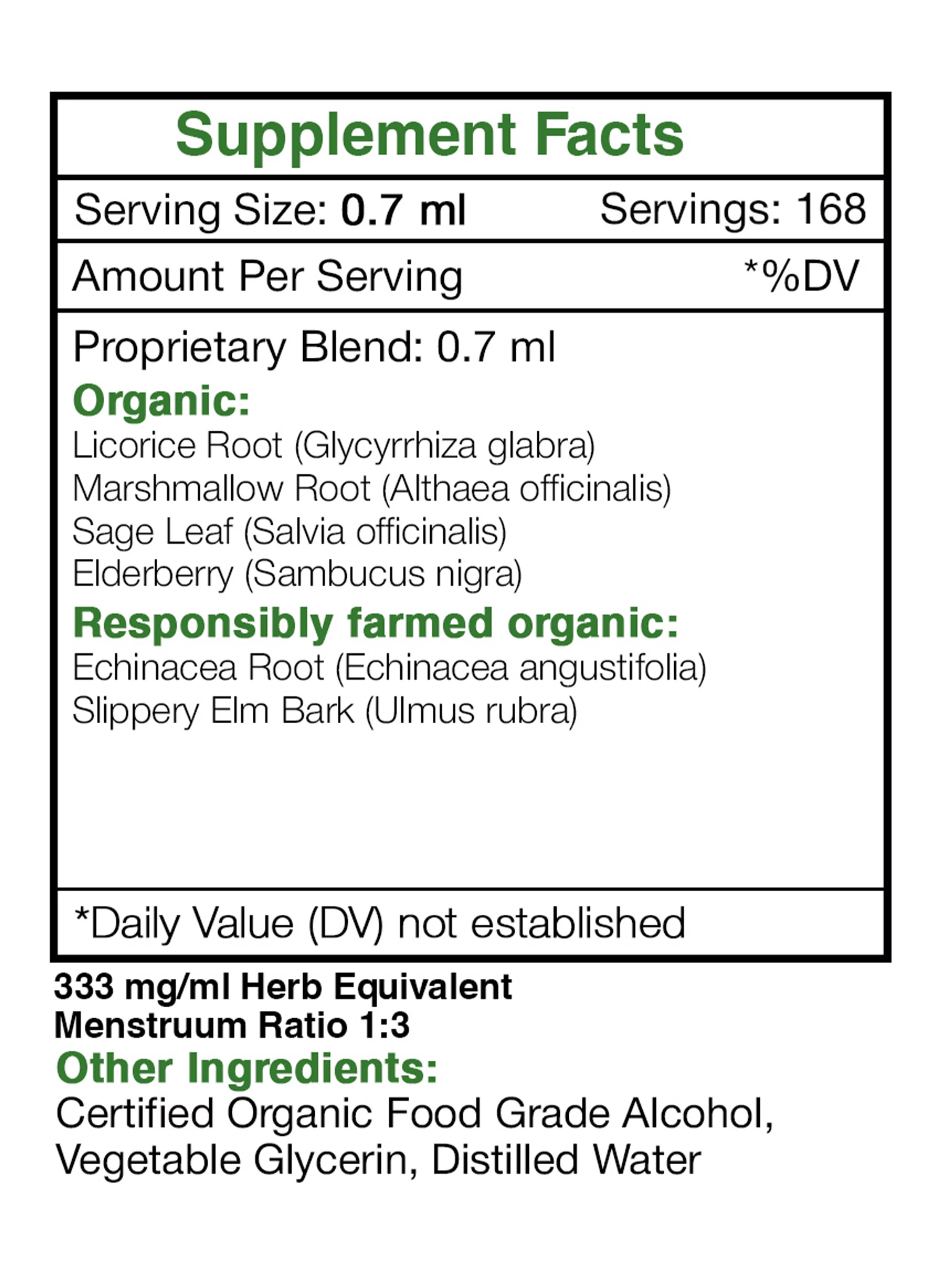 Throat Soothe Alcohol Extract, Tincture, Licorice, Slippery Elm, Marshmallow, Sage, Echinacea, Elder Berry. Sore Throat Formula 2x4 oz