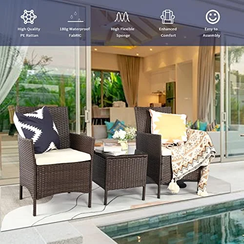 KAWIVAST Patio Furniture Set 3 Piece, Wicker Patio Furniture Sets, Outdoor PE Rattan Furniture, Front Porch Furniture, All-Weather Patio Furniture, Balcony Furniture