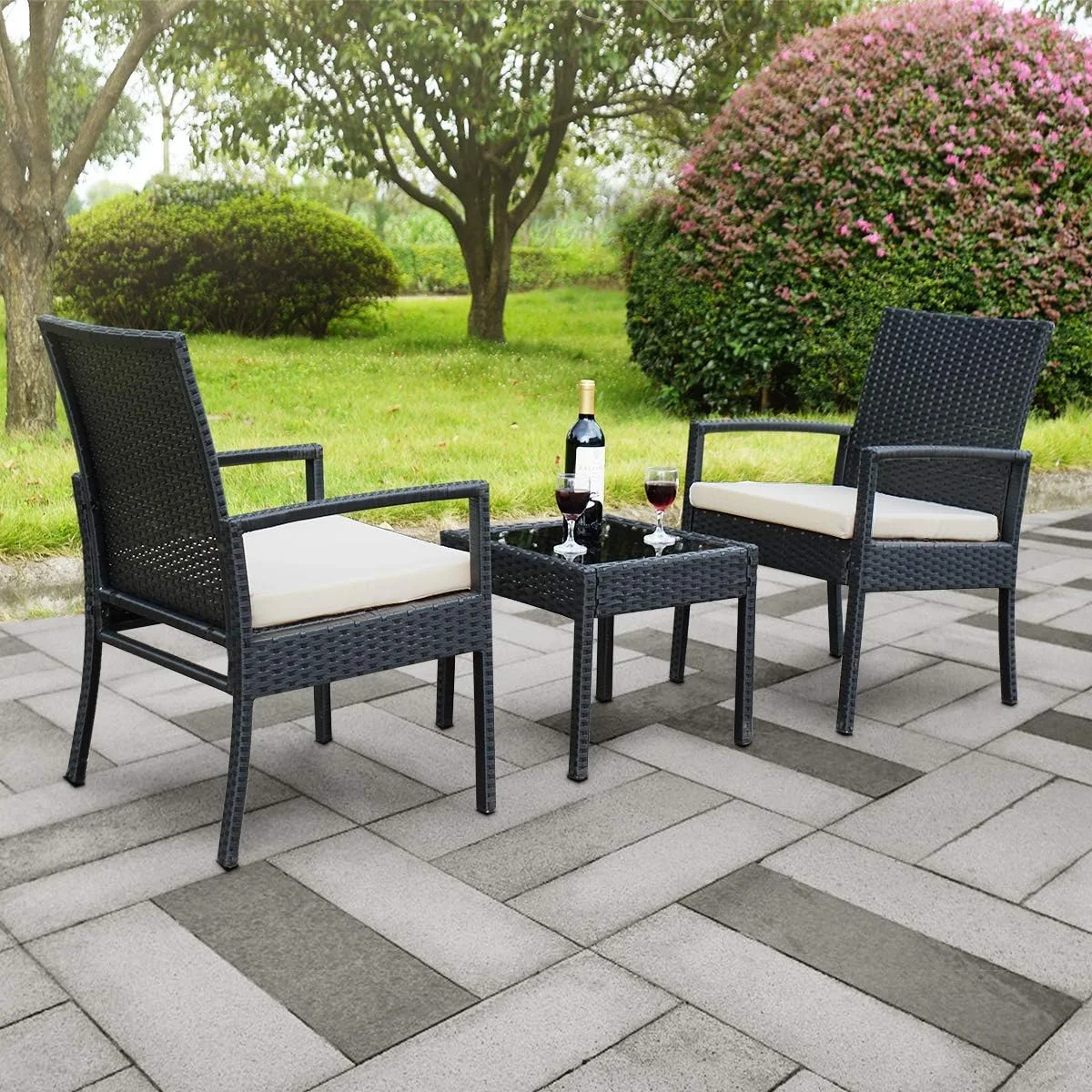 HYHBIBOOM Patio 3 Piece Conversation Set Wicker Rattan Outdoor Patio  Set with 2 Cushioned Chairs & End Table